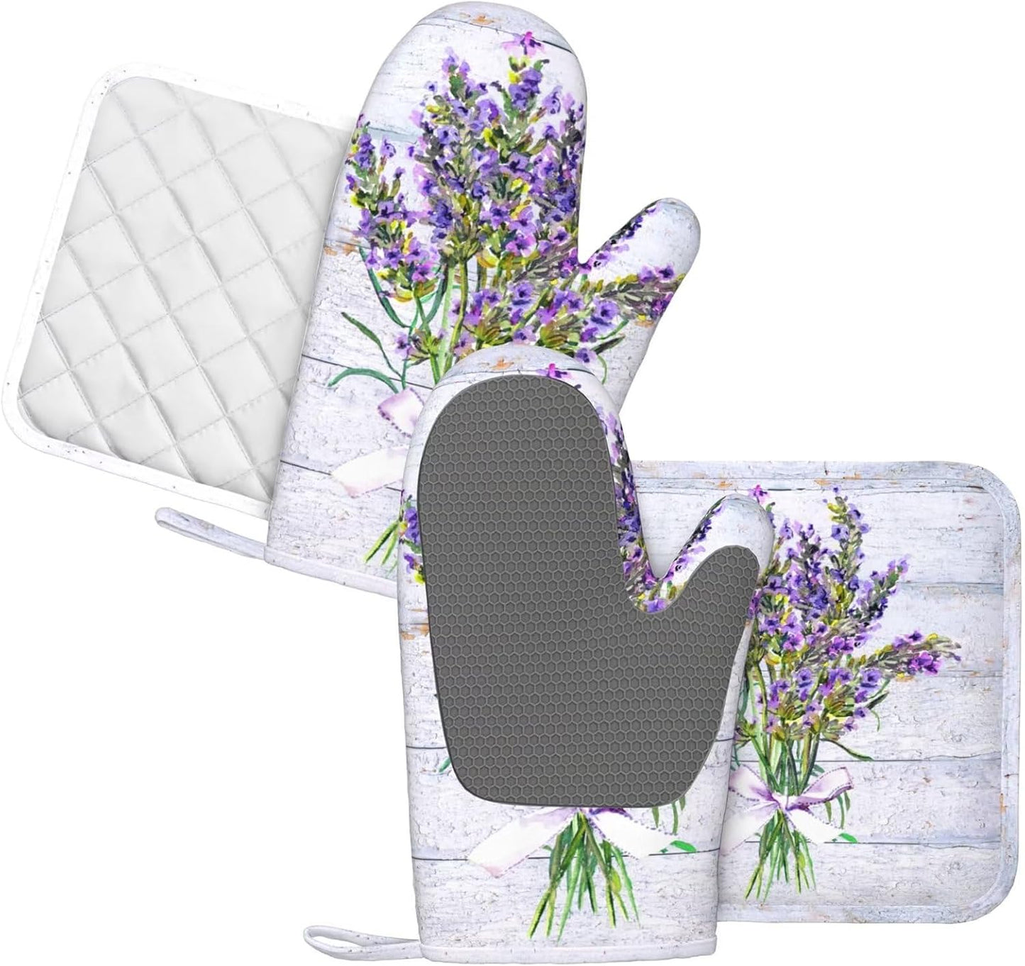 Wood Spring Lavender Oven Mitts Pot Holders Set Silicone Lavenders Kitchen Oven Mitts Heat Resistant Potholders Non-Slip 4pcs Hot Pads and Lilac Flower Oven Gloves Sets for Baking