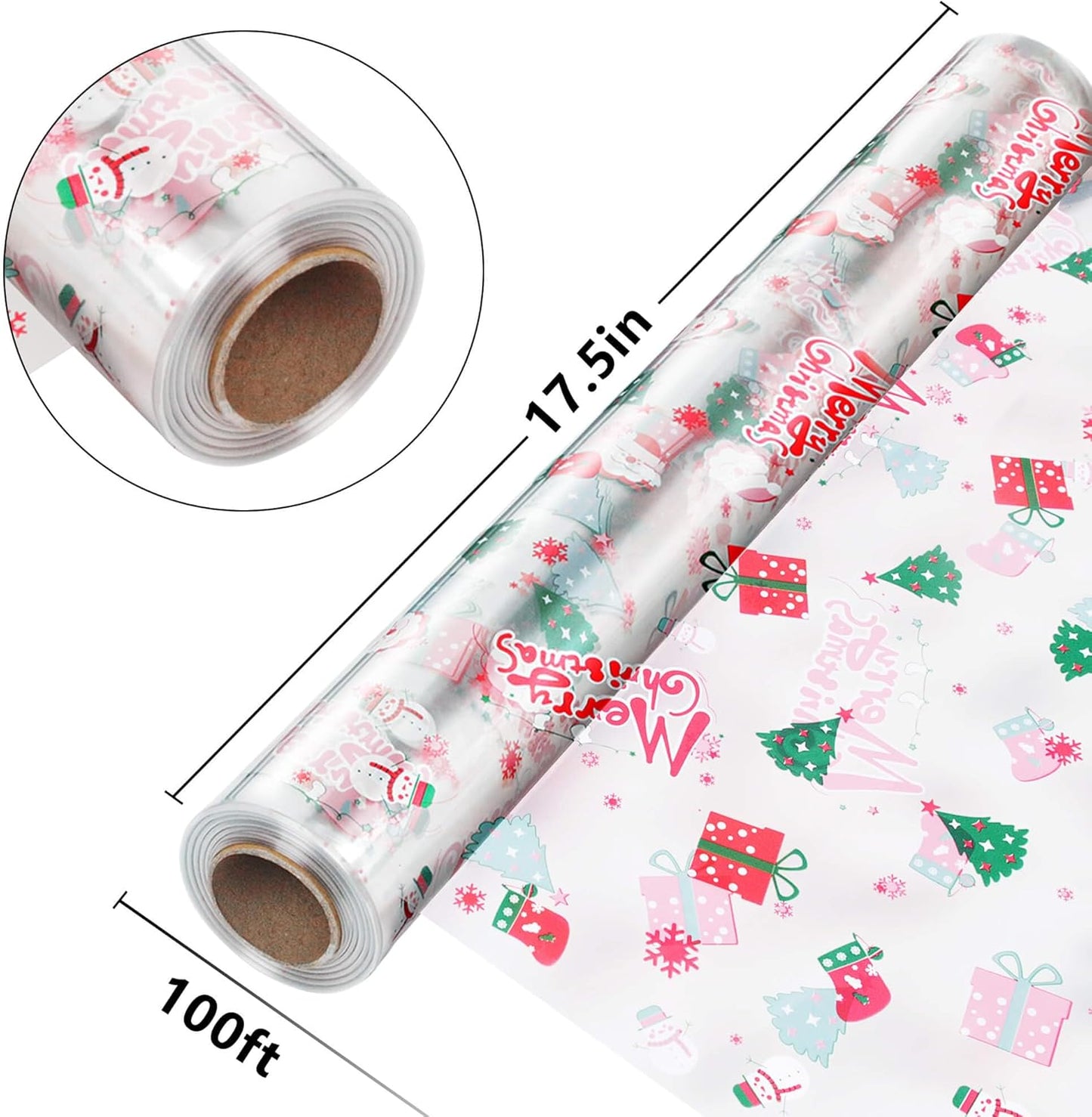 100' Long x 17.5' Wide Crystal Clear Cellophane Roll - 3 Mil Thicker Merry Christmas Cellophane for Gift Baskets, Flower Arts, Crafts, Food Treats Wrapping