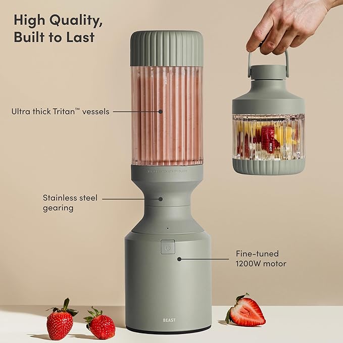 Beast Mega 1200 Plus | Premium Countertop Blender | Smoothies, Shakes, Sauces, Dips, Soups | Blends Ice and Frozen Fruit | XL Vessel | With Extra Vessels, Straw System | 1200W | (Sage, 120V)
