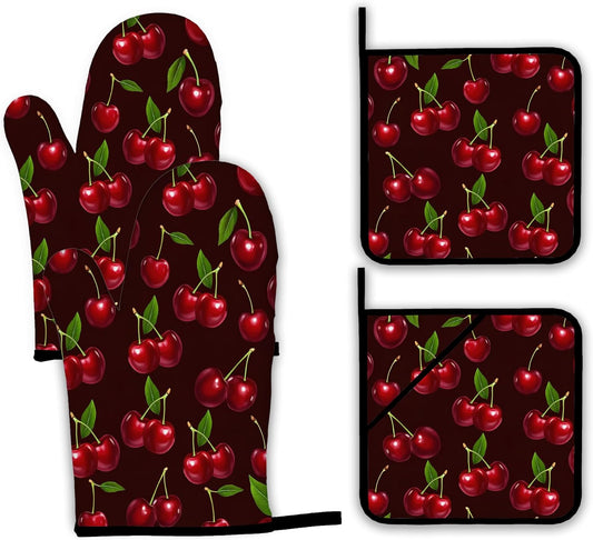 Cherry Oven Mitts and Pot Holders Set,Red Kitchen Decor Heat Resistant Non Slip Hot Pads and Oven Mitt for Chef Cooking Baking BBQ Mom Girl Gifts(4 Piece Set)