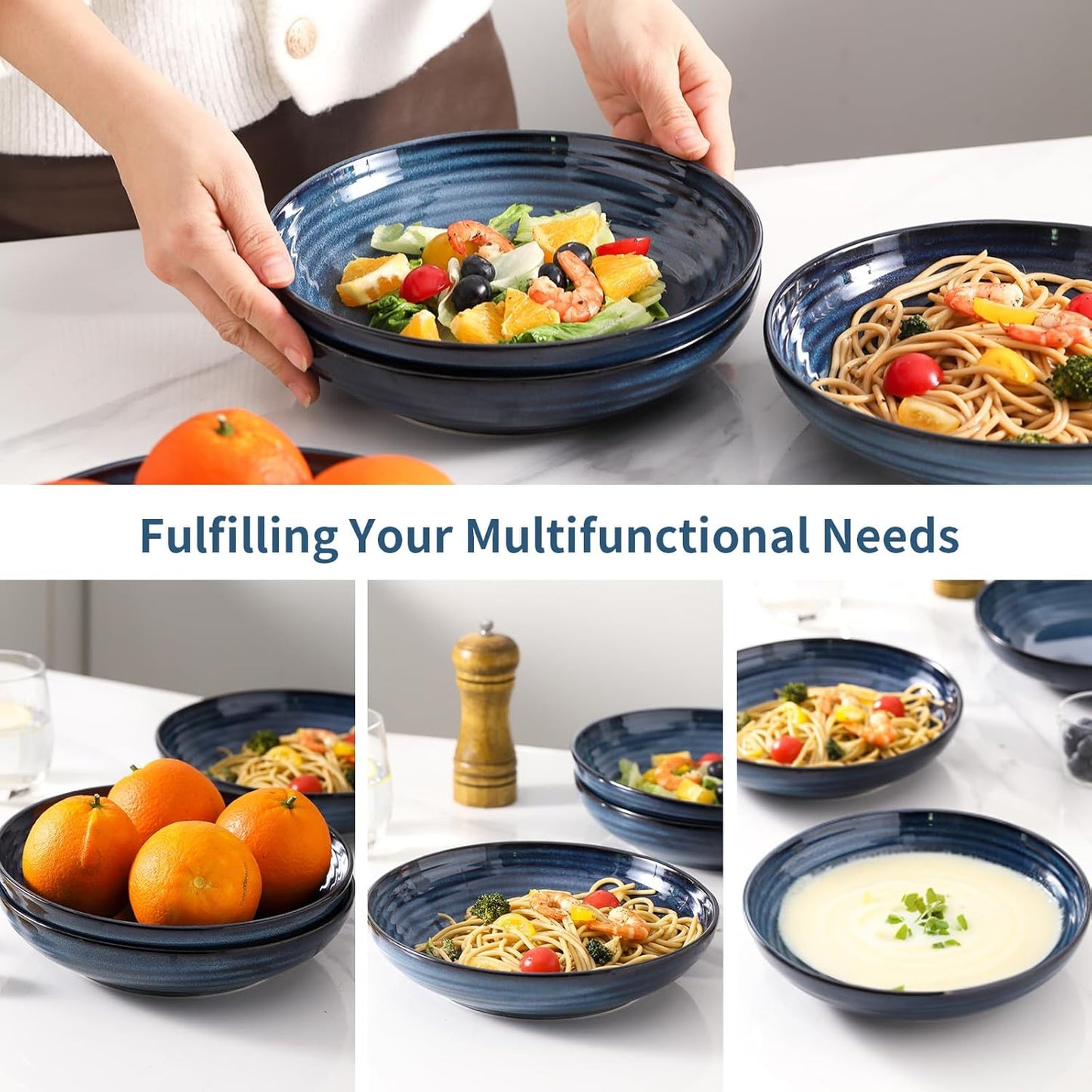 MEKY Ceramic Pasta Bowls, 8.7 Inch Serving Bowls for Salad, 32oz Soup & Fruit, Set of 4,Microwave & Dishwasher Safe, Dinnerware for Family, Entertaining & Everyday Meals (Blue)