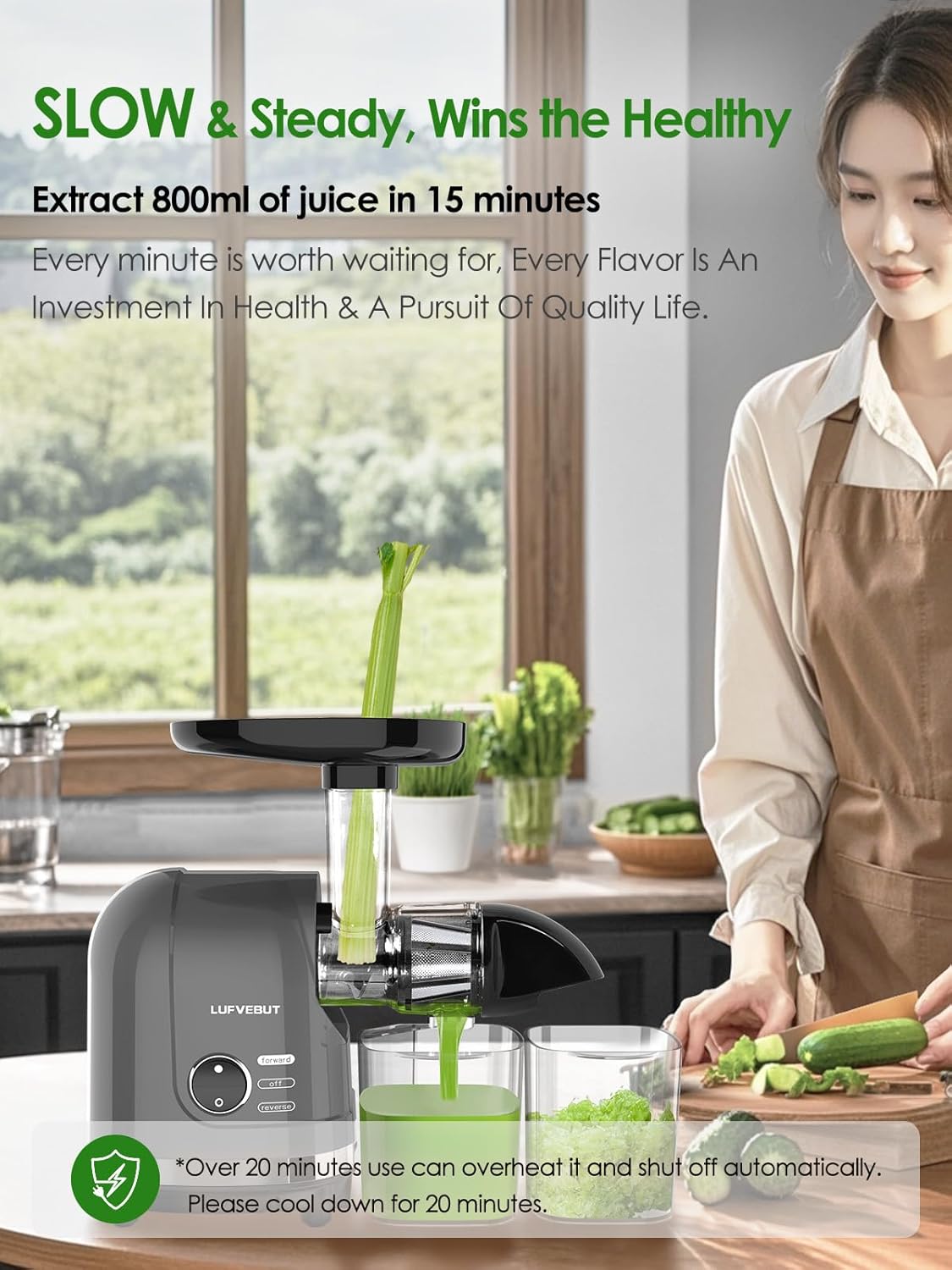 Slow Juicer for Celery Ginger Beet Carrot, Masticating Cold Press Juicer 200W Motor, Pulp Separated, East to Clean Dishwasher Safe, BPA Free, Juicer Machine Vegetable & Fruit