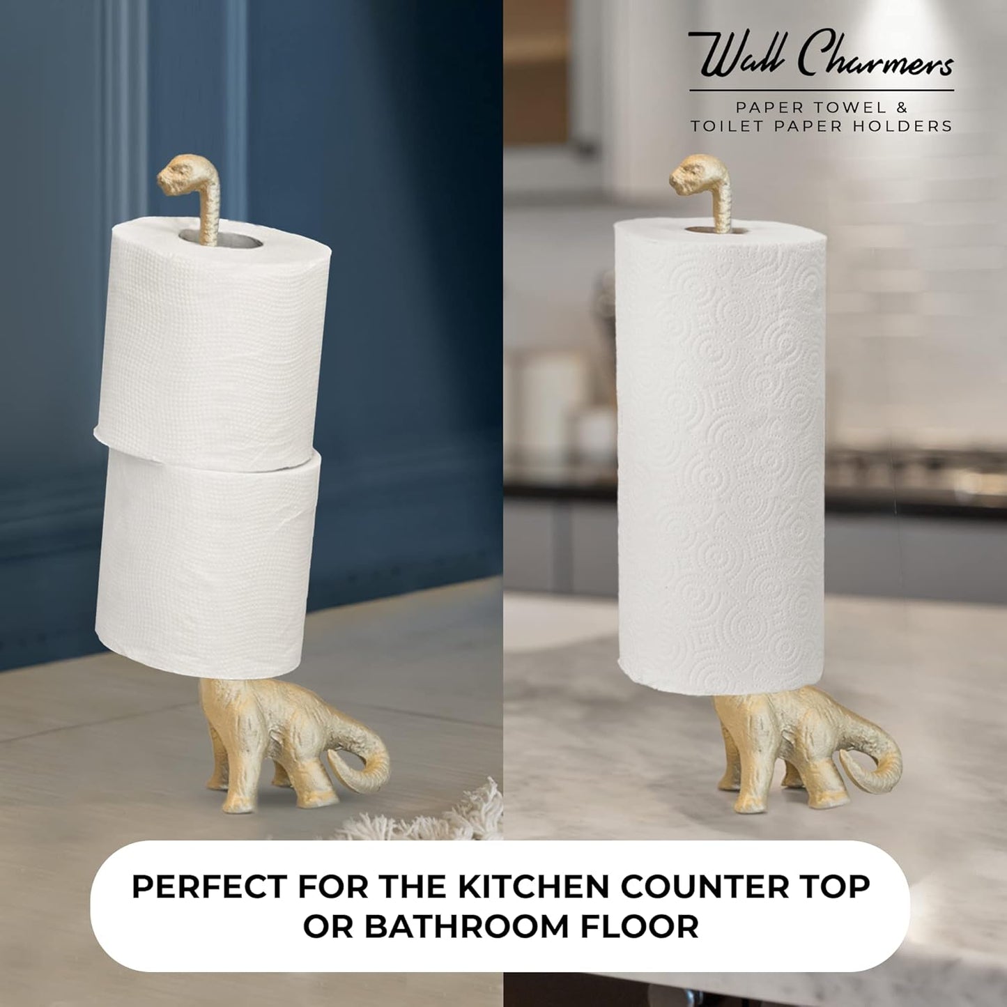 WallCharmers Gold Paper Towel Holder, Metal Toilet or Kitchen Paper Holder for Floor or Countertop, Gold Dino