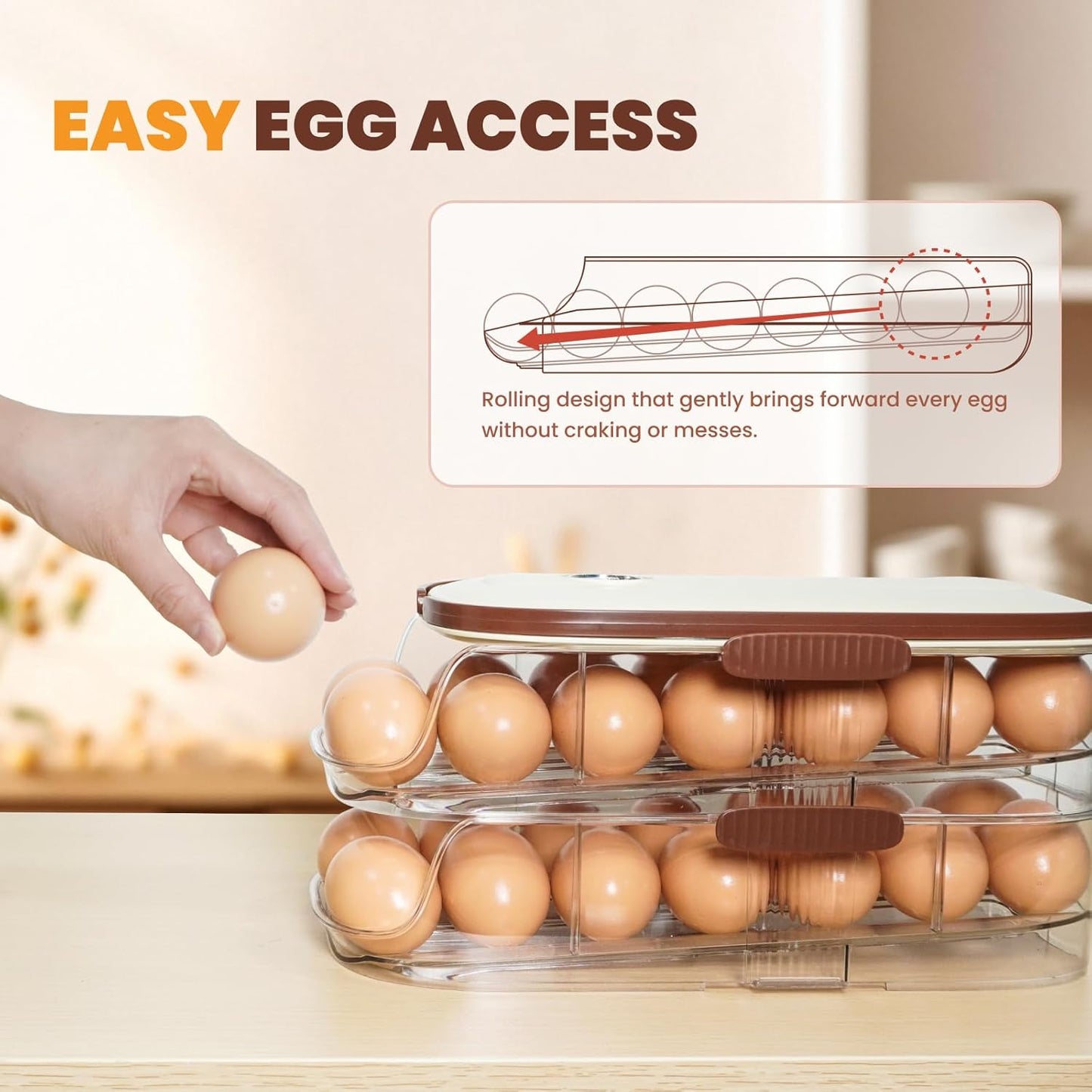 Egg Holder for Fridge, Automatic Rolling Egg Organizer for Refrigerator, Clear Plastic Egg Container & Tray, Stackable Dispenser and Storage Bin For Organizers and Storage -2 Layer