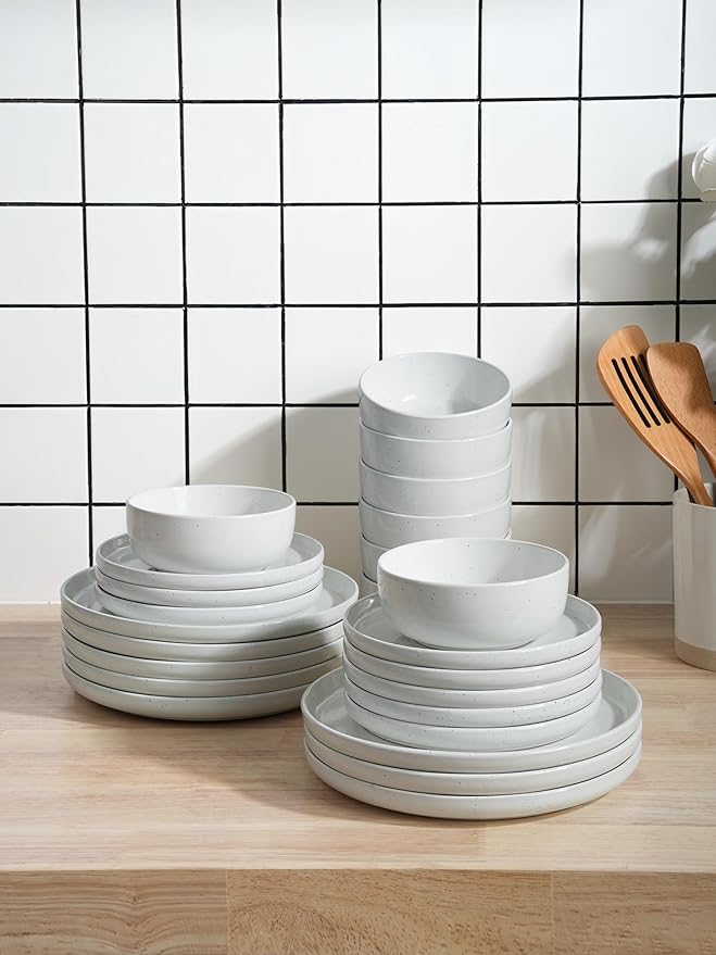 Famiware Dawn 24 Pieces Dinnerware Set, Speckled Plates and Bowls Sets for 8, Matte Dish Set, Microwave and Dishwasher Safe, White