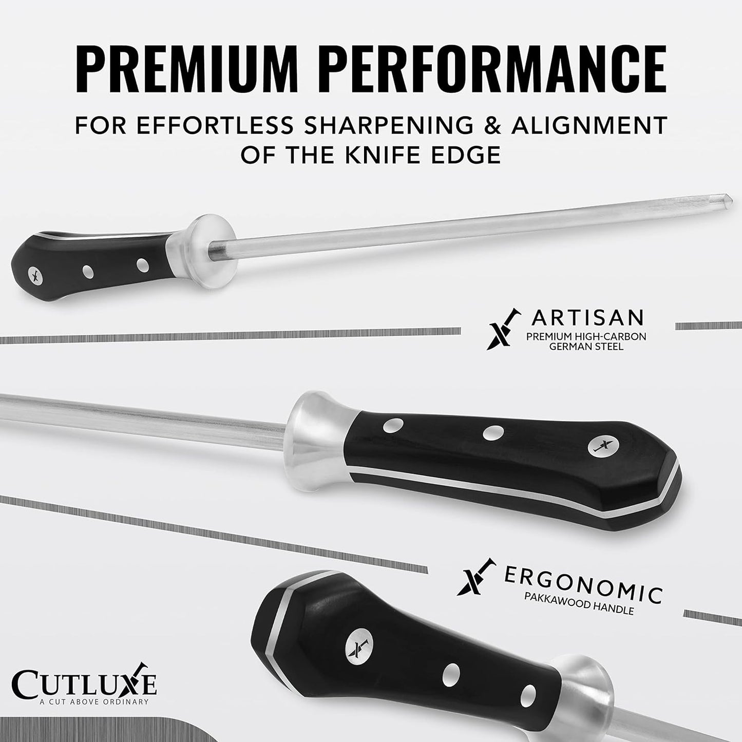 Cutluxe Honing Rod, Knife Sharpener Rod – 10" Honing Steel – Ergonomic Handle Design – Artisan Series