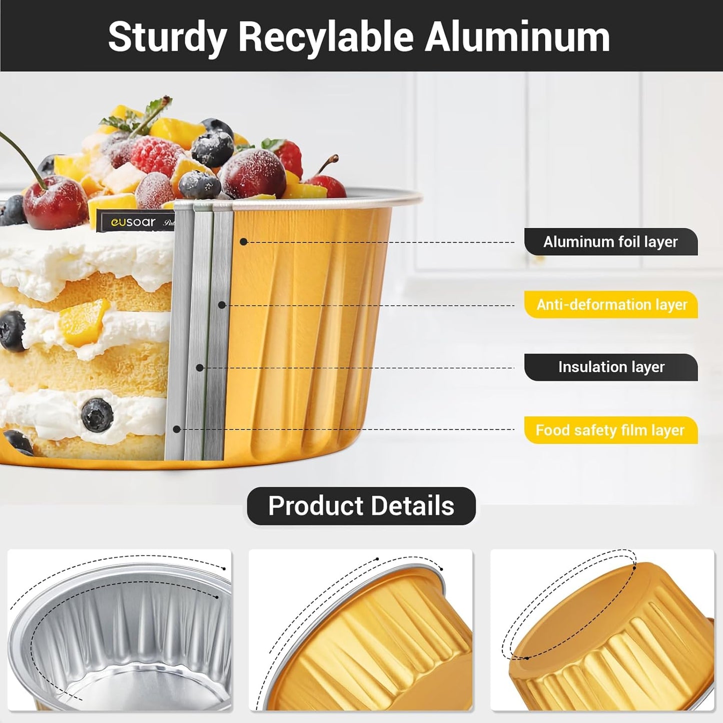 EUSOAR Disposable Ramekins Aluminum Foil, Gold 60Packs 5oz Baking Cups with Lids Mini Muffin Liners, Dessert Cheesecake Pan Creme Brulee Cupcake Containers for Catering Gathering Club Wedding Party