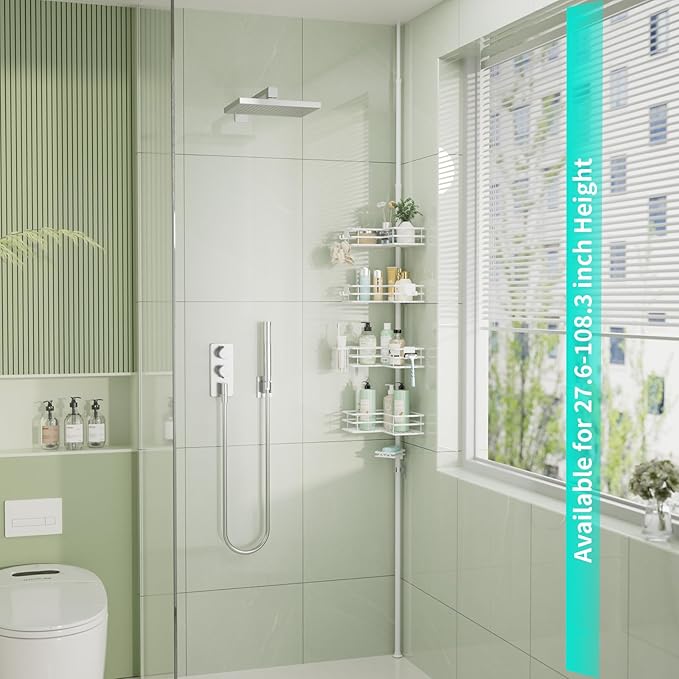HapiRm Corner Shower Caddy Organizer - Shower Organizer Corner with Soap Holder, Toothbrush Holder and 4 Hooks, Rustproof Bathroom Shelf Tension Pole Available for 27.6 to 108.3 Inch - White