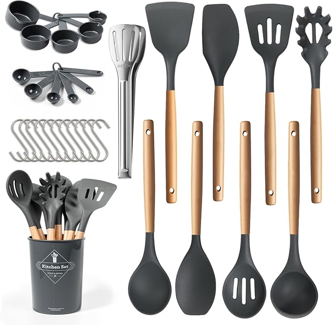 77L Silicone Cooking Utensils Set with Holder 32 PCS, Non-Stick Kitchen Cooking Utensils Set, Spatula, Turner, Tongs, Spatula, Spoon, Wooden Handle Kitchen Gadgets Utensil Set, Dishwasher Safe