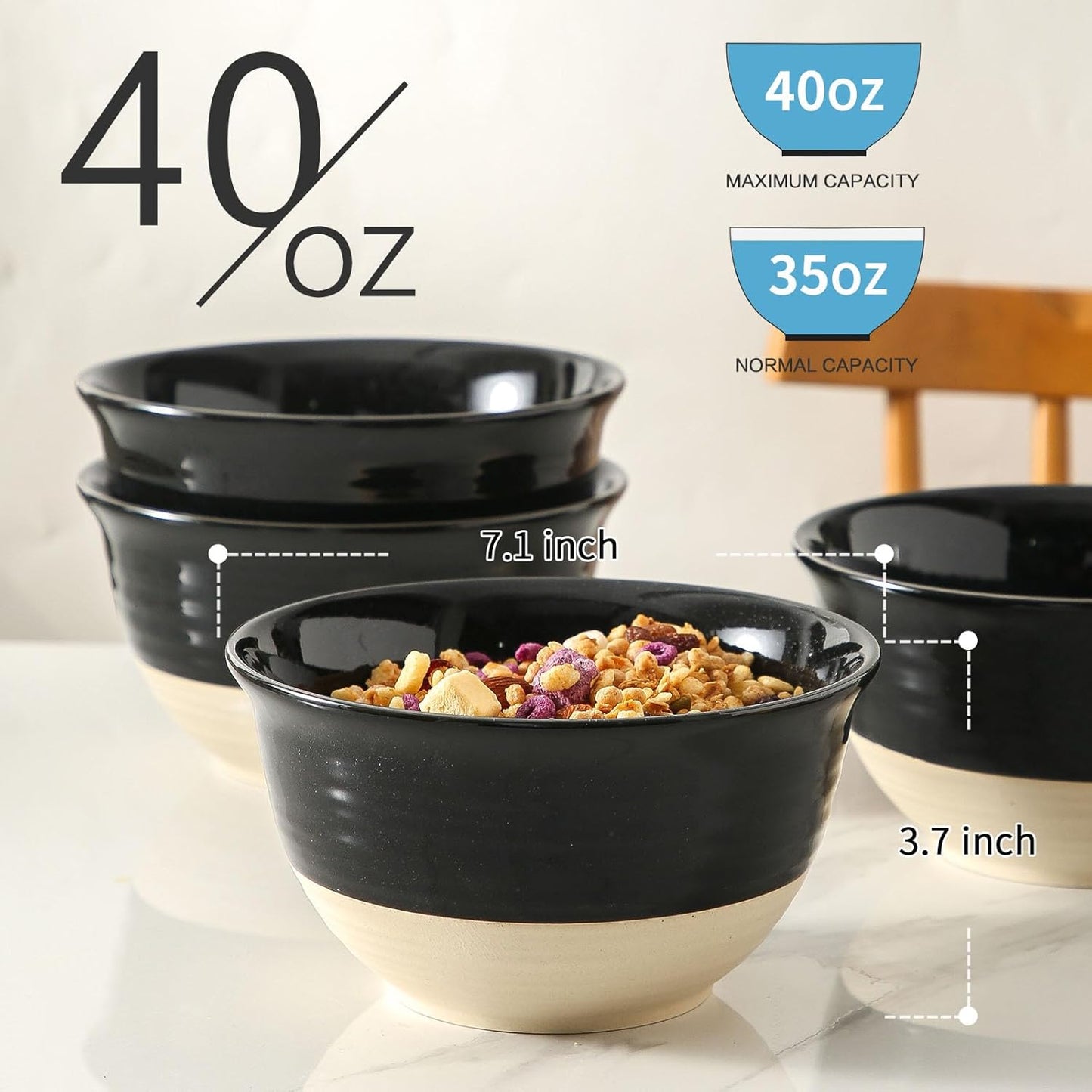 Hasense Ceramic Soup Bowls, 40 oz Large Salad Cereal Bowls Set of 4, Stackable Serving Bowls for Kitchen, Bowls for Pasta Ramen Noodle Pho, Dishwasher Microwave Safe, Gloss Black & Matte White