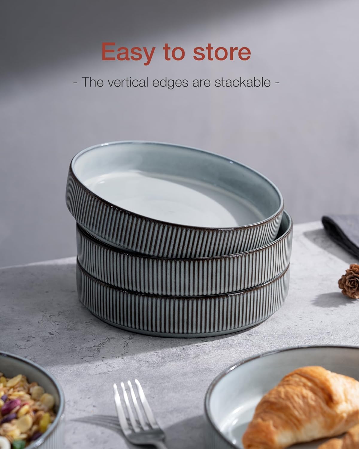 famiware Star 8.25" Pasta Bowls, Large Dinner Bowls Set of 4, Salad Bowl Plates, Shallow Bowls for Eating, Smoky Blue