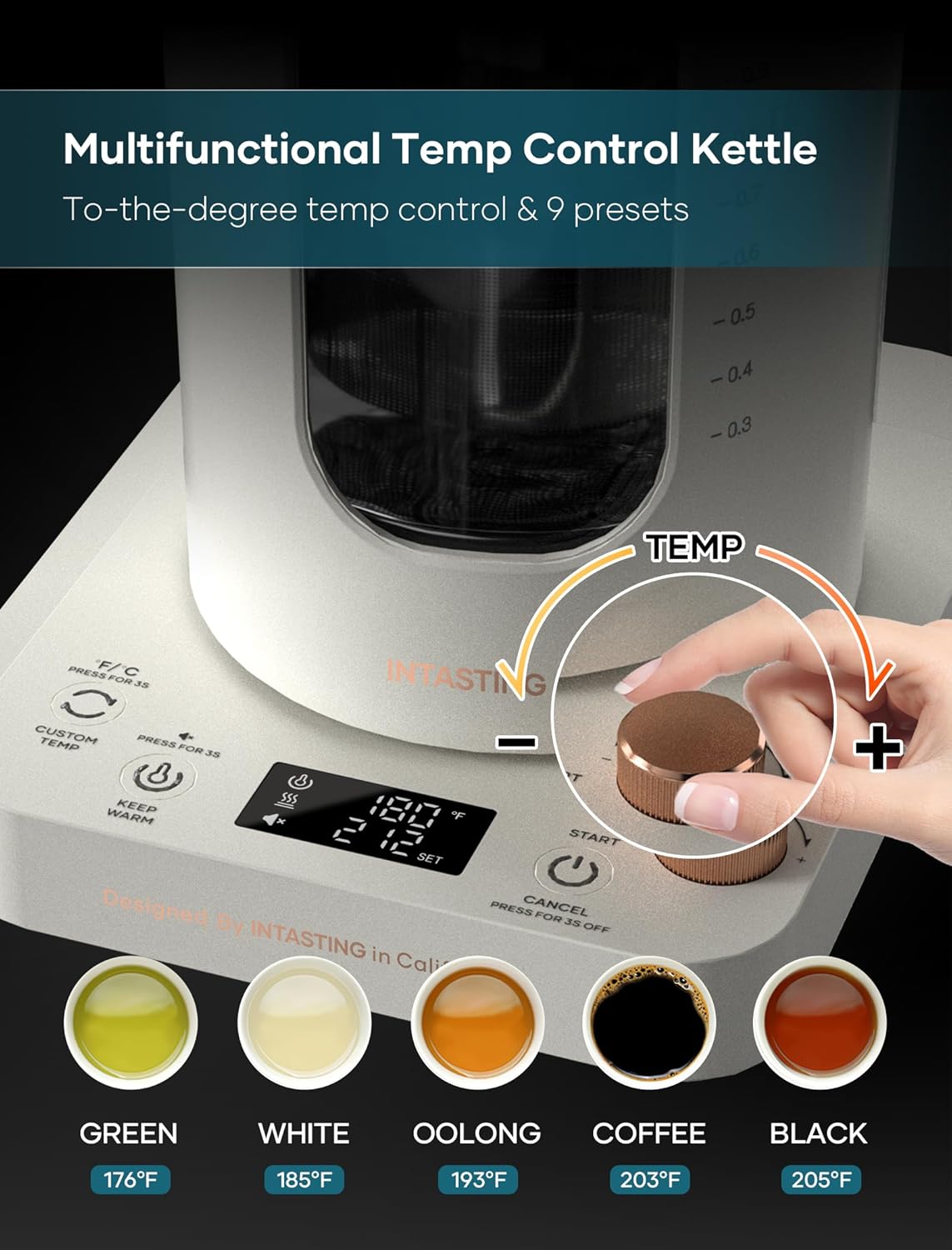 Electric Tea Kettle, INTASTING Glass Electric Kettle with tea Infuser and Precise knob temperature control, 1200W Fast Heating, BPA-Free, Easy to Clean, for Tea and coffee, 1 Liter (Cream White)