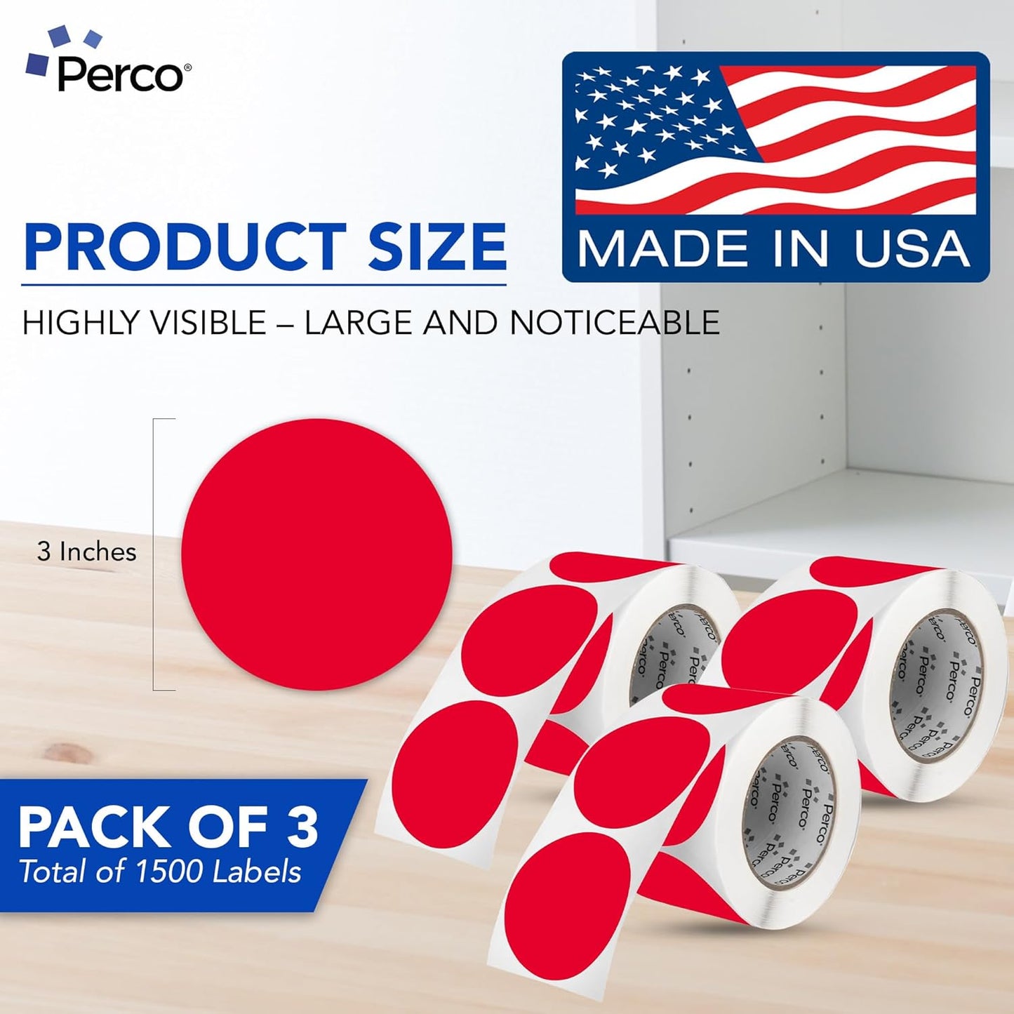 Perco Red 3-Inch Round Circle Dot Sticker Labels - Multi-Roll Pack (3 Rolls, 500 Labels Each) - Permanent Adhesive, Vibrant Colors, Strong Hold - Perforated for Easy Use - Made in USA