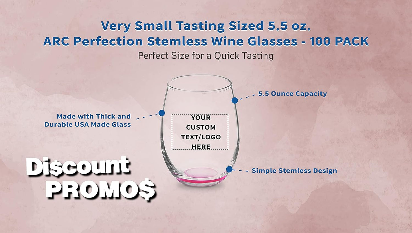 Custom Stemless Wine Glasses by ARC 5.5 oz. Set of 100, Personalized Bulk Pack - Perfect for Hotel, Bar, Restaurant or Lounge - Pink