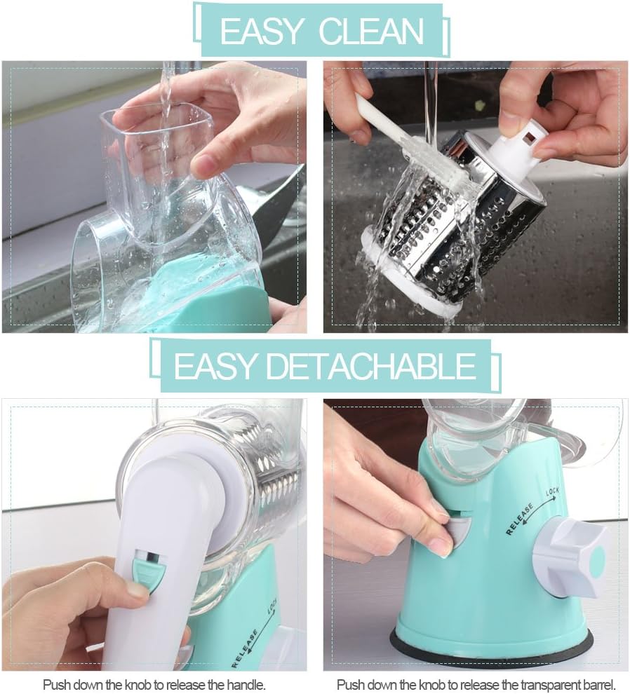 Cambom Rotary Cheese Grater Hand Crank Cheese Shredder for Fresh Cheese, Vegetable, Nuts,Non-slip Suction Base, Free Cleaning Brush Three Blades, Blue