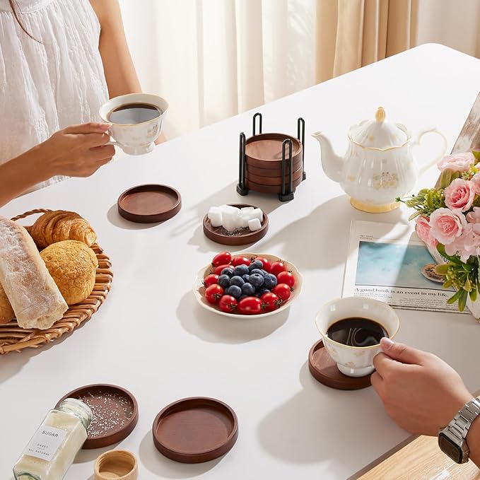 Set of 6 Wooden Coasters With Holder - Coffee Table Coasters for Drinks, Modern Home Decor, Dining Table Decorative Set, Cute Beer Bar Rustic Outdoor Wood Coaster