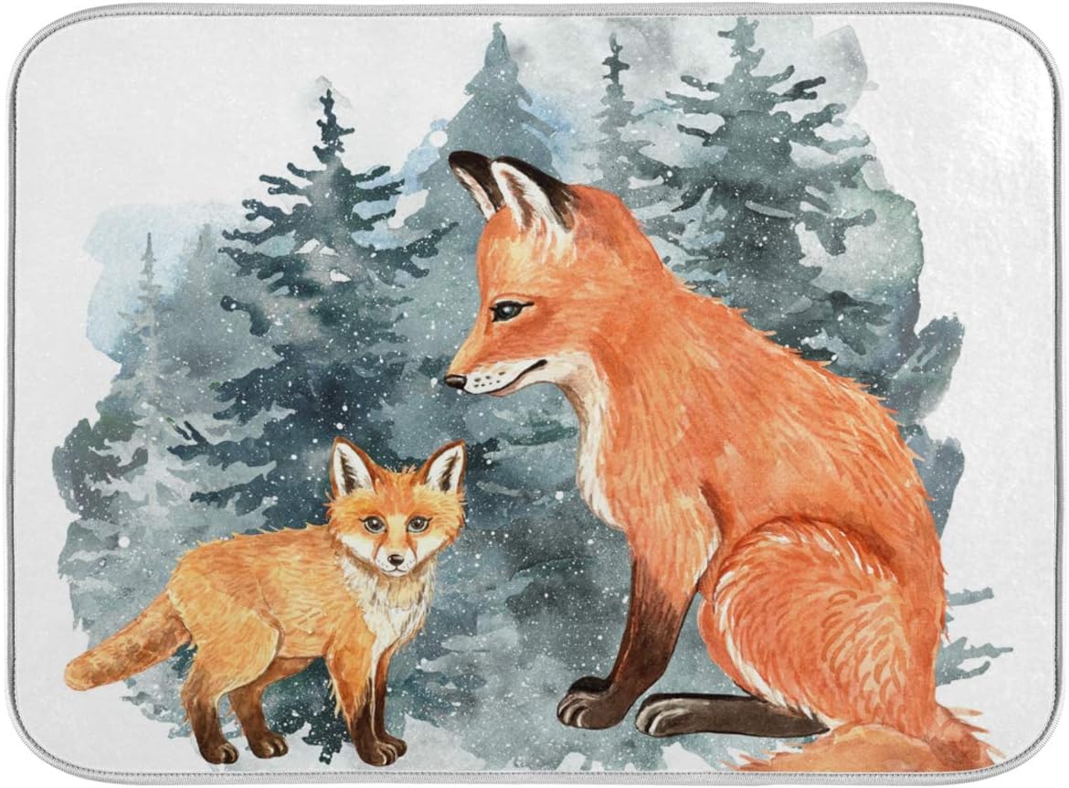 Super Absorbent Dish Drying Mat, Microfiber Fast-Drying Dish Mat, 24" x 18", Kitchen Dish Drying Pad, Watercolor Cute Fox Winter Christmas