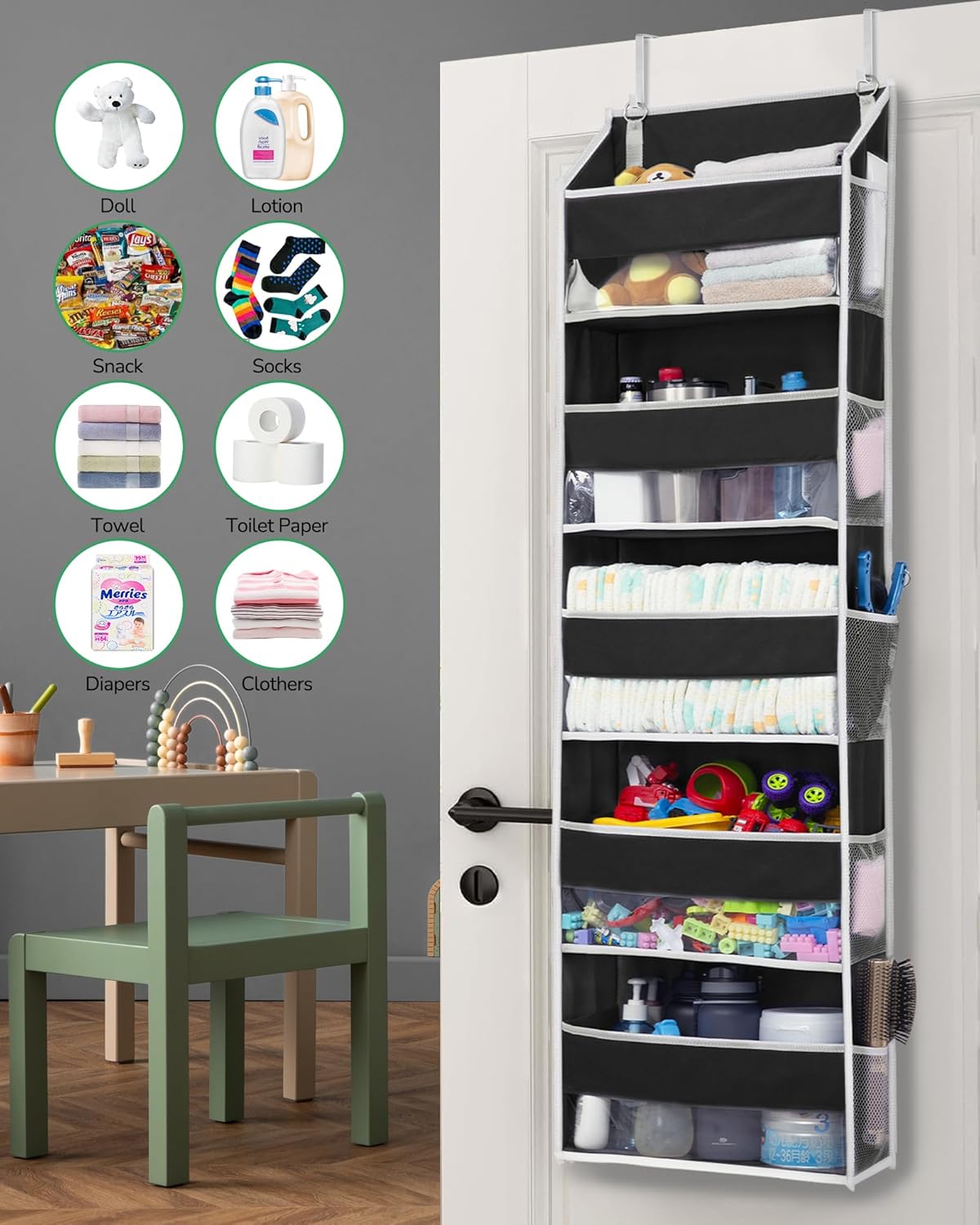 ULG 1 Pack Over The Door Organizer – 5 Shelf Door Organizer Hanging & 10 Side Pockets, Reinforced 44LB Capacity Hanging Organizer, Behind The Door Storage for Bedroom, Nursery, Pantry (Black)