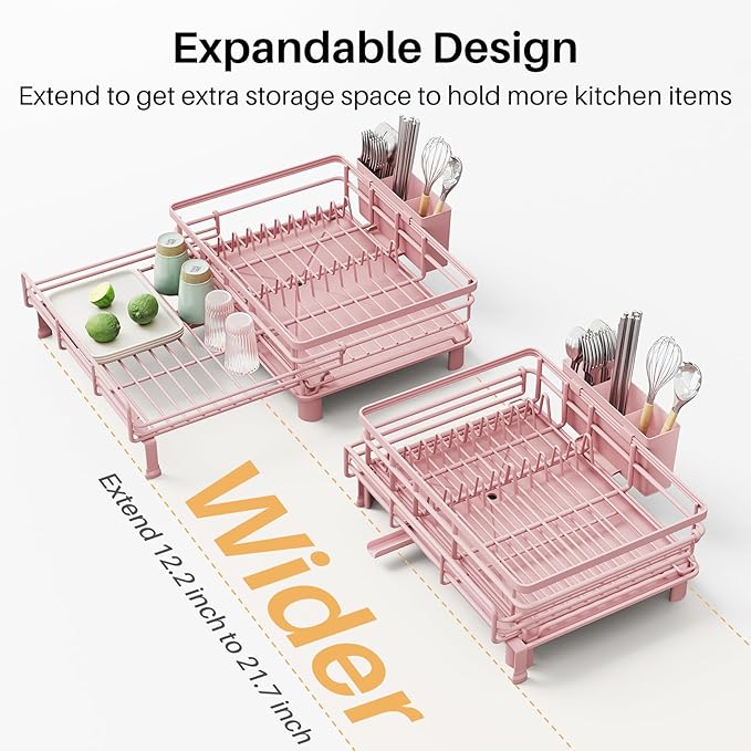 SNTD Dish Drying Rack - Extendable Dish Rack, Large Sink Drying Dish Drainer for Kitchen Counter, Stainless Steel Dish Strainer with Utensil Holder (Pink)