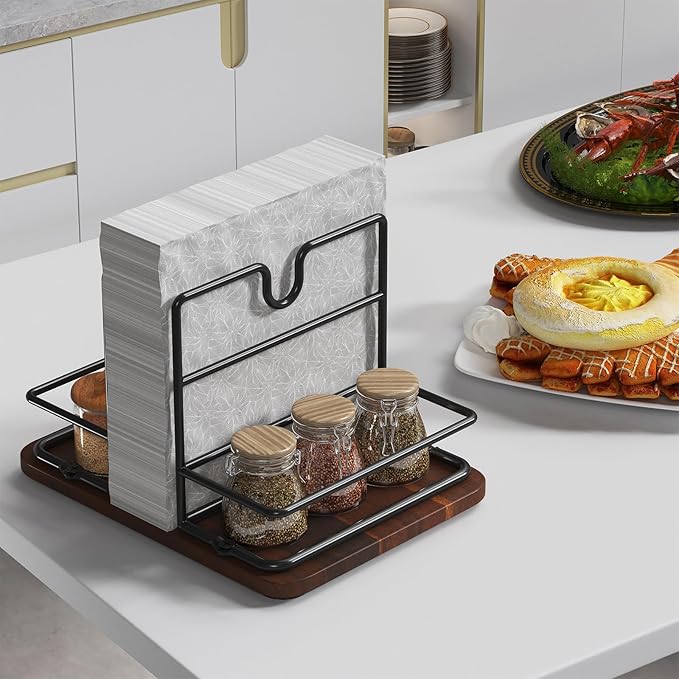 Napkin Holder for Table, 2 IN 1 Napkin Holders That Can Hold Salt Jar and Pepper Jar, Napkin Dispenser, Modern Dining Table Decor, Metal Racks and Wooden Bases, Walnut