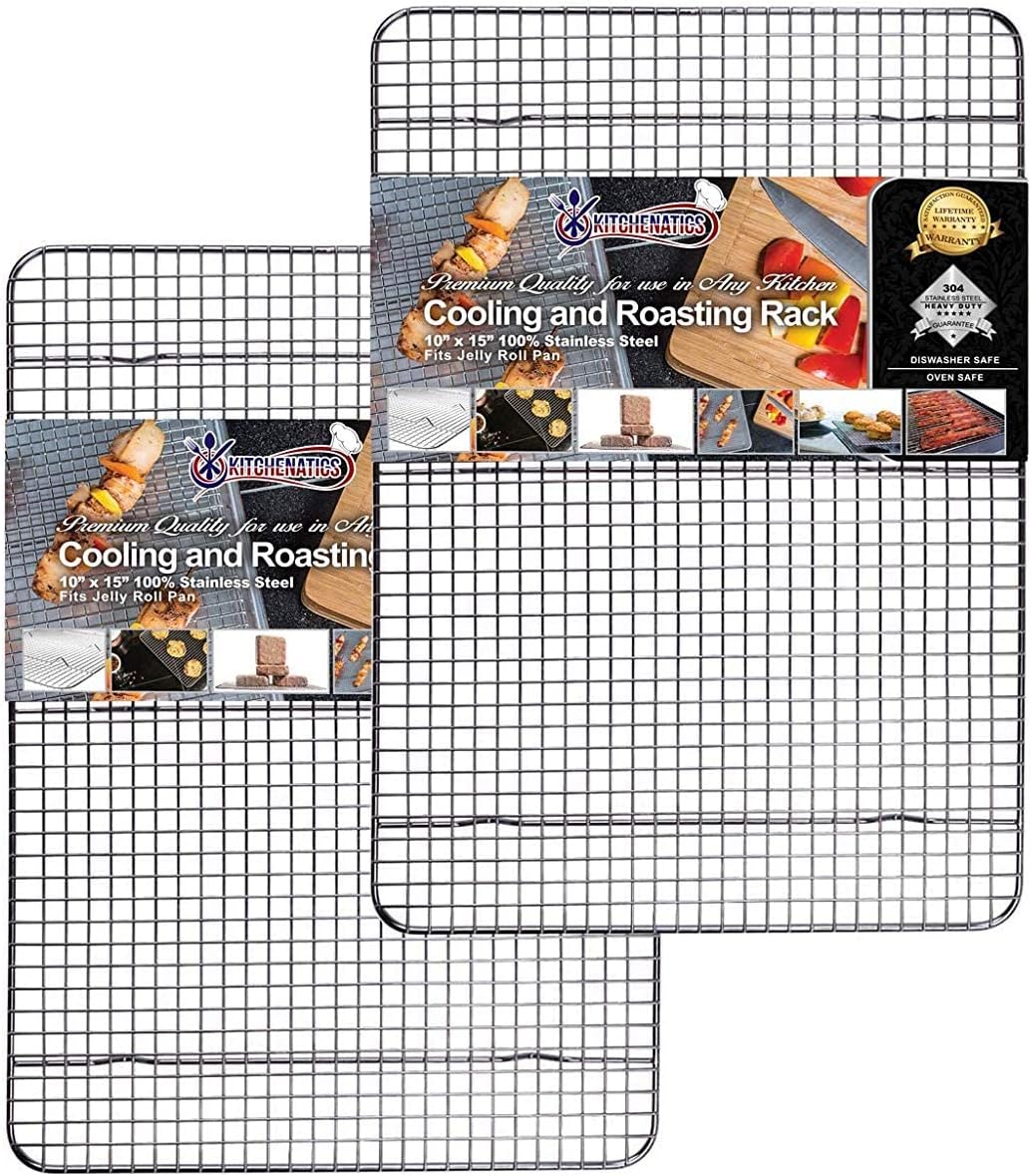 KITCHENATICS Jelly Roll Cooling Racks for Cooking and Baking, Heavy Duty Cooking Racks for Sheet Pan, Stainless Steel Wire Rack for Cooking, Cookie Cooling Rack Fits Jelly Roll Pan 15x10, Set of 2