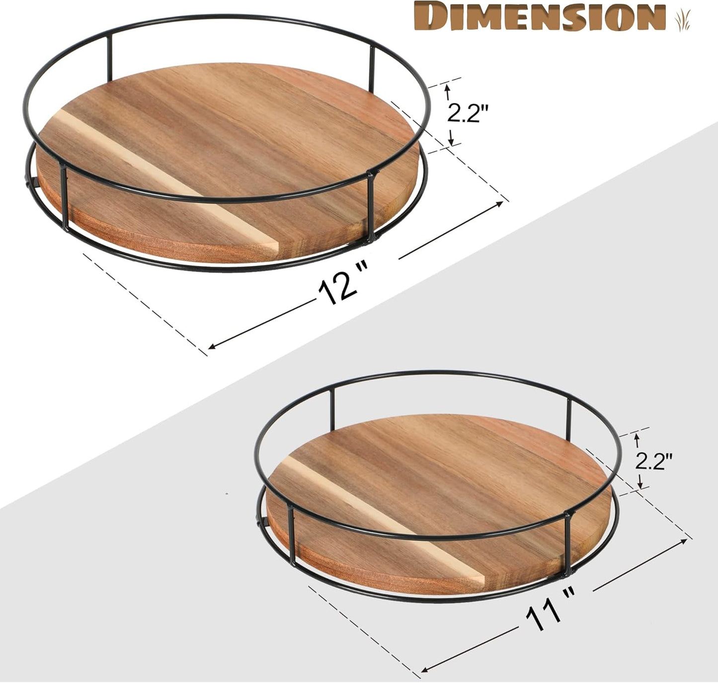 [ 2 Pack ] 11" & 12" Acacia Wood Lazy Susan Organizers with Steel Sides, Lazy Susan Turntable for Cabinet, Kitchen Turntable Storage for Table, Countertop, Pantry