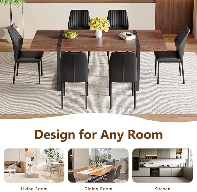86.6" Dining Table Set for 6, Modern 7 Piece Wood Kitchen Table and Chairs Set, Rectangle Dining Room Table with 6 PU Leather Upholstered Chairs, Ideal for Apartment, Kitchen, Dining Room