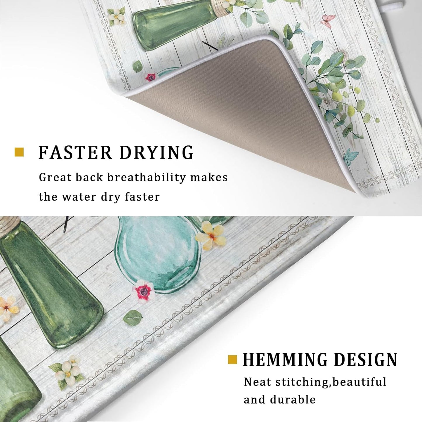 Fern Leaf Vase Dish Drying Mat 18x24 Inch Eucalyptus Leaves Microfiber Absorbent Dish Drainer Mat Reversible Drying Pad for Kitchen Counter Sink