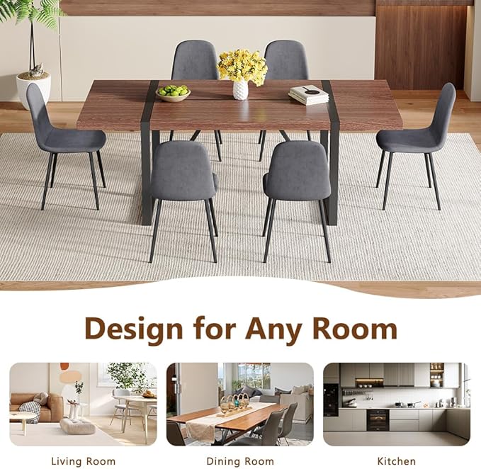 86.6" Dining Table Set for 6, Modern 7 Piece Wood Kitchen Table and Chairs Set, Rectangle Dining Room Table with 6 Linen Fabric Upholstered Chairs, Ideal for Apartment, Kitchen, Dining Room