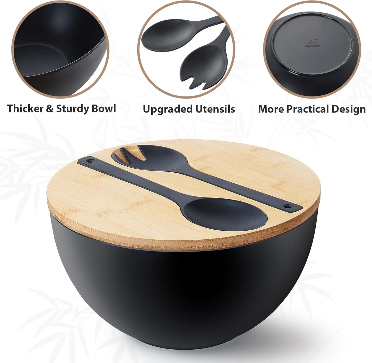12.6" Extra Large Salad Serving Bowl Set with Wooden Lid&Utensils, 8.4Qt., Bamboo Fiber Salad Bowl with Servers for Kitchen, Big Bowl for Mixing Salad,Fruit,Pasta (Matte Black)