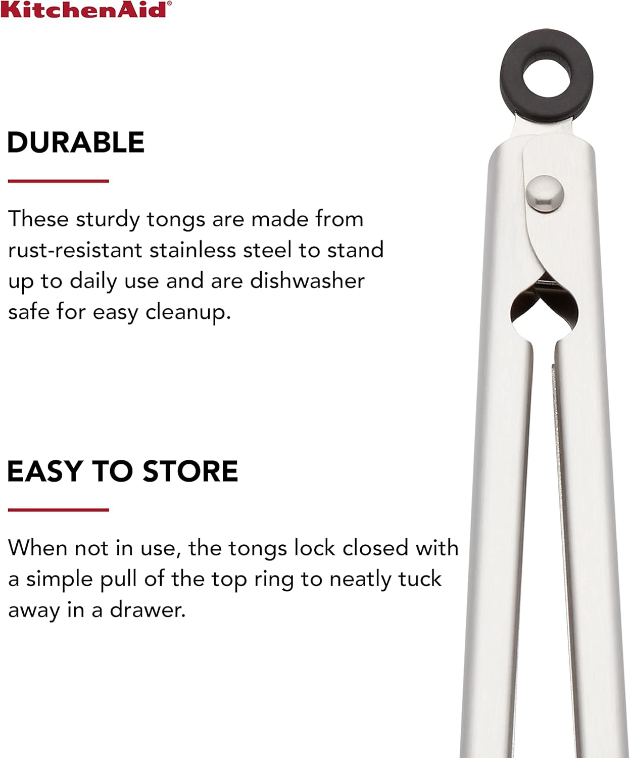 KitchenAid Gourmet Stainless Steel Serving Tongs with Hang Hook and Secure Closing Lock, 9 Inch, Stainless Steel