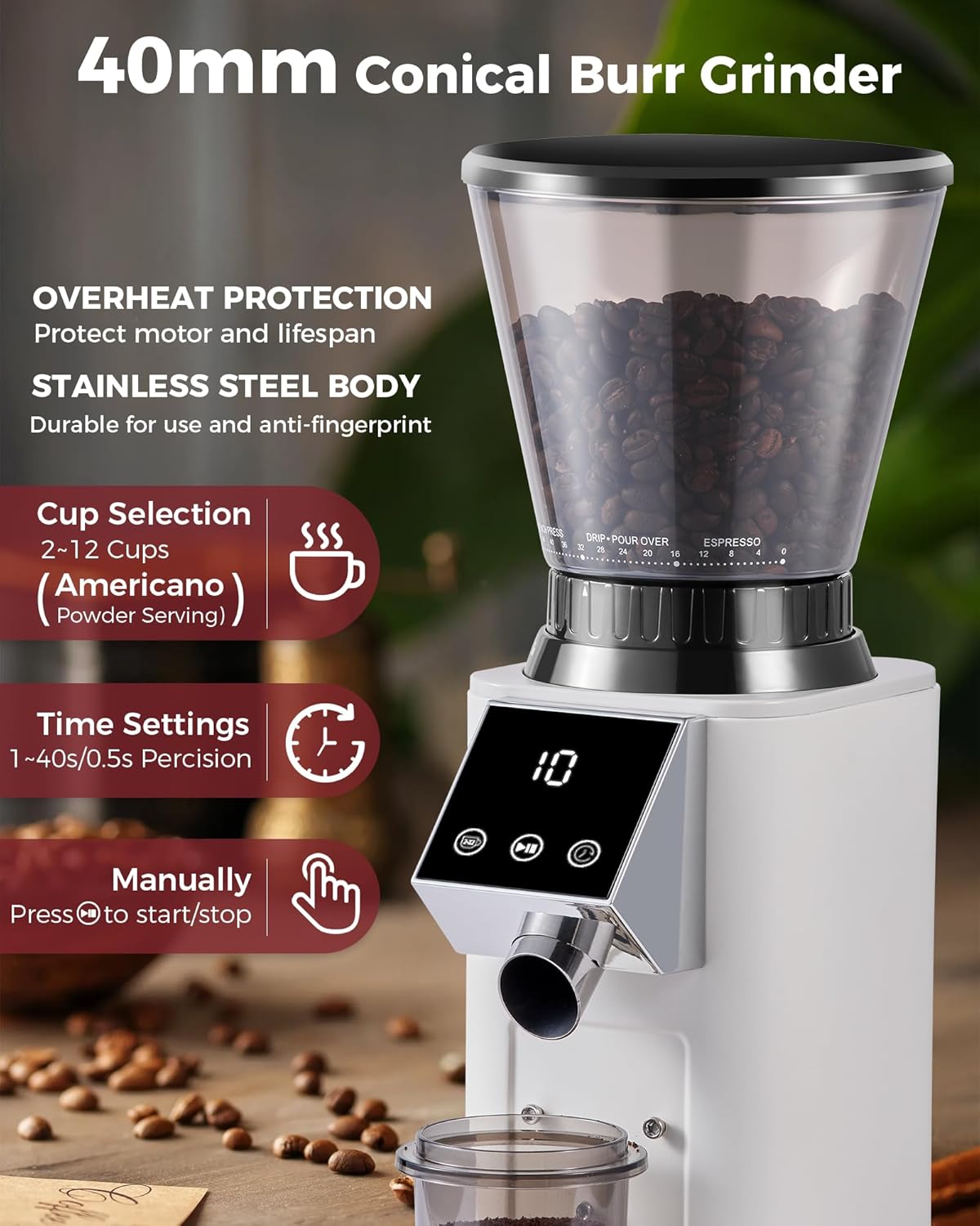 Tuni G1 Conical Burr Coffee Grinder, 48 Grind Settings Anti-static Burr Mill, Precision Electronic Timer and LED Touchscreen for Espresso/Drip/Cold Brew/French Press, Stainless Steel, Ivory