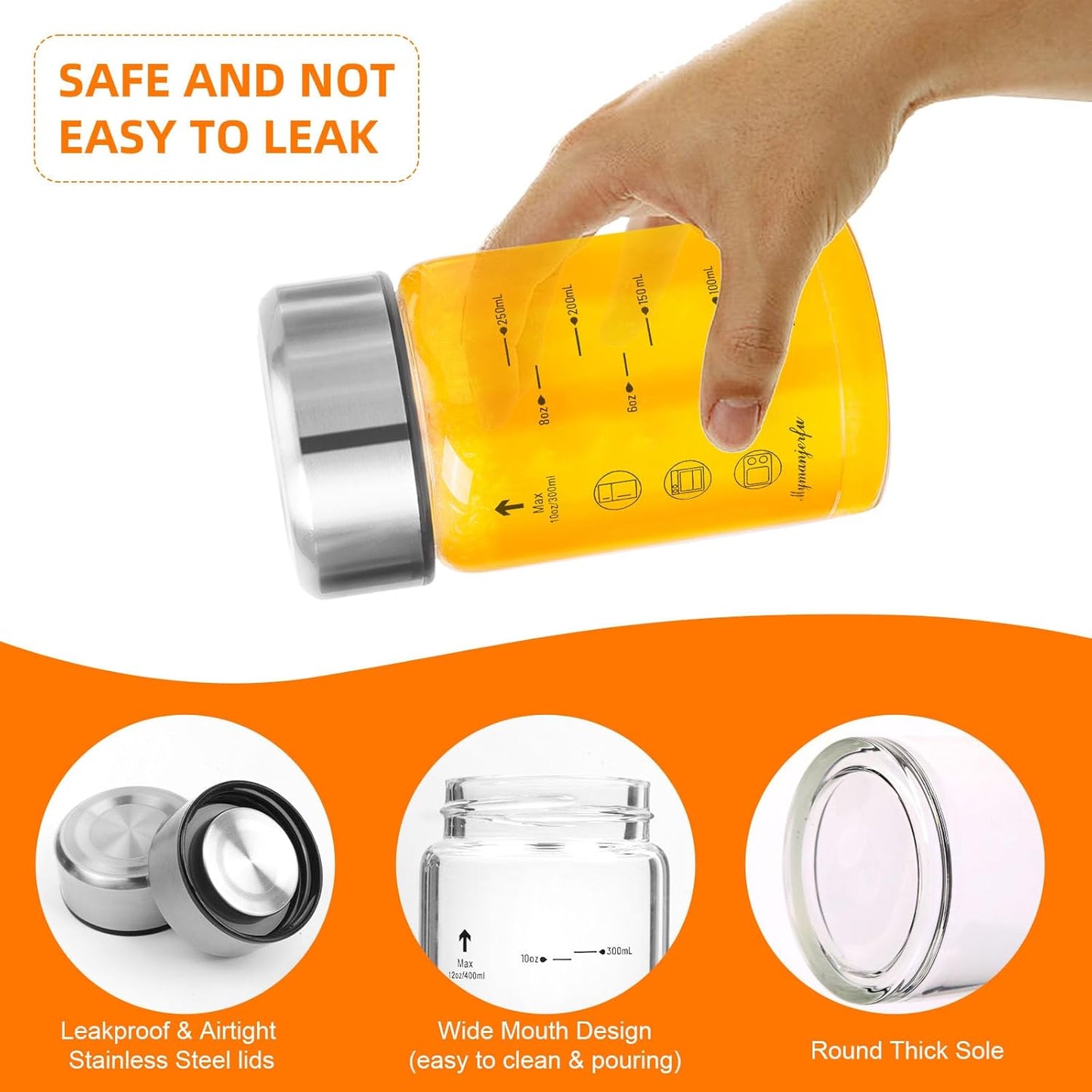 Glass Juice Bottles 4 Pack 10 oz - Wide Mouth Glass Water Bottles with Lids - for Juicing, Smoothies, Milk, Protein, BPA Free, Reusable, Stainless Steel Lids, Leak Proof, Shaker bottle [10oz/300ml]