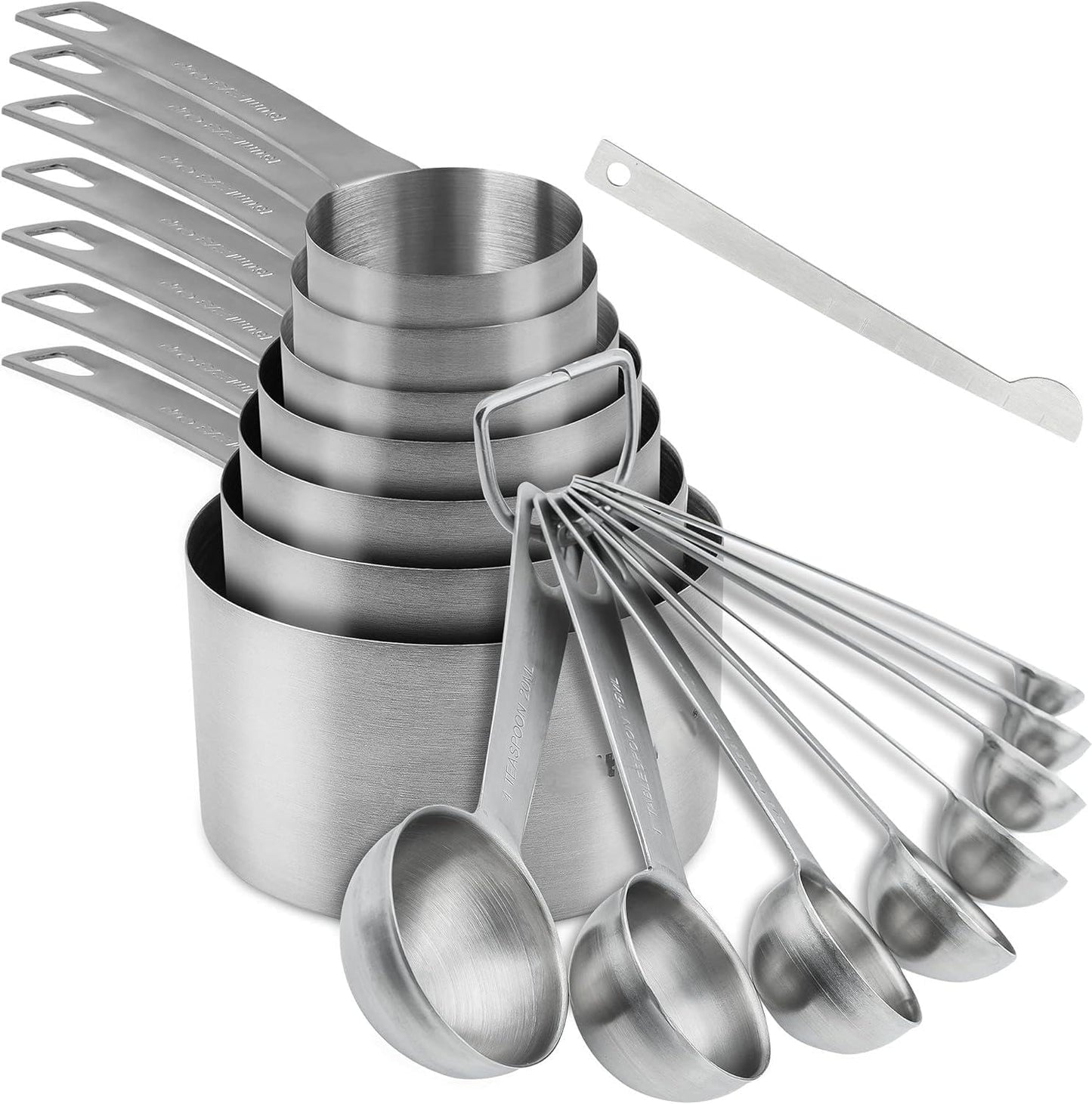 Measuring Cups and Spoons Set, Stainless Steel Measuring Cups, 18/8(304) Material Heavy Duty 7 Measuring cups and 8 Measuring Spoons 1 Leveler and 2 rings Pack 18pcs Per set
