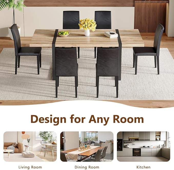 86.6" Dining Table Set for 6, Modern 7 Piece Wood Kitchen Table and Chairs Set, Rectangle Dining Room Table with 6 PU Leather Upholstered Chairs, Ideal for Apartment, Kitchen, Dining Room