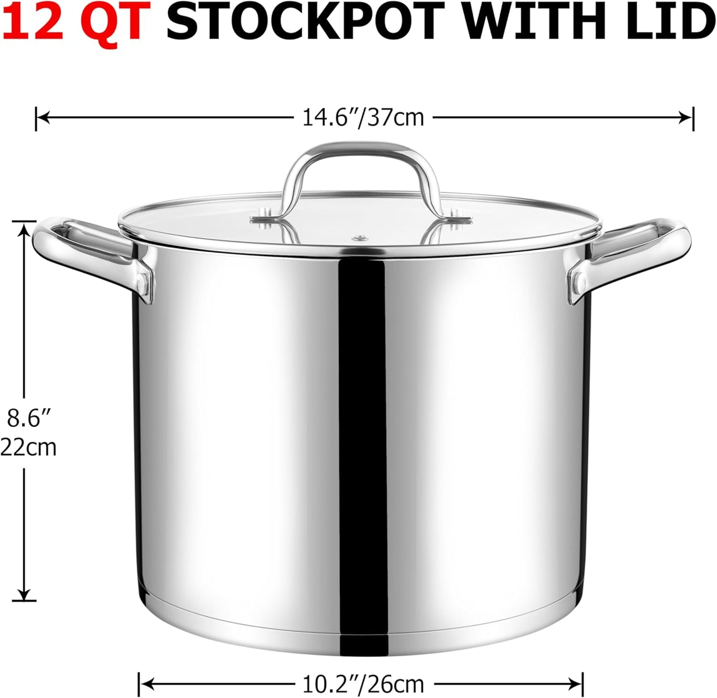 LIANYU 12 QT Stock Pot with Lid, 12 Quart Stainless Steel Large Tall Soup Pot for Cooking, Big Deep Stockpot with Visible Lid, Tri-ply Heavy Duty Stockpot for Induction, Stoves, Gas