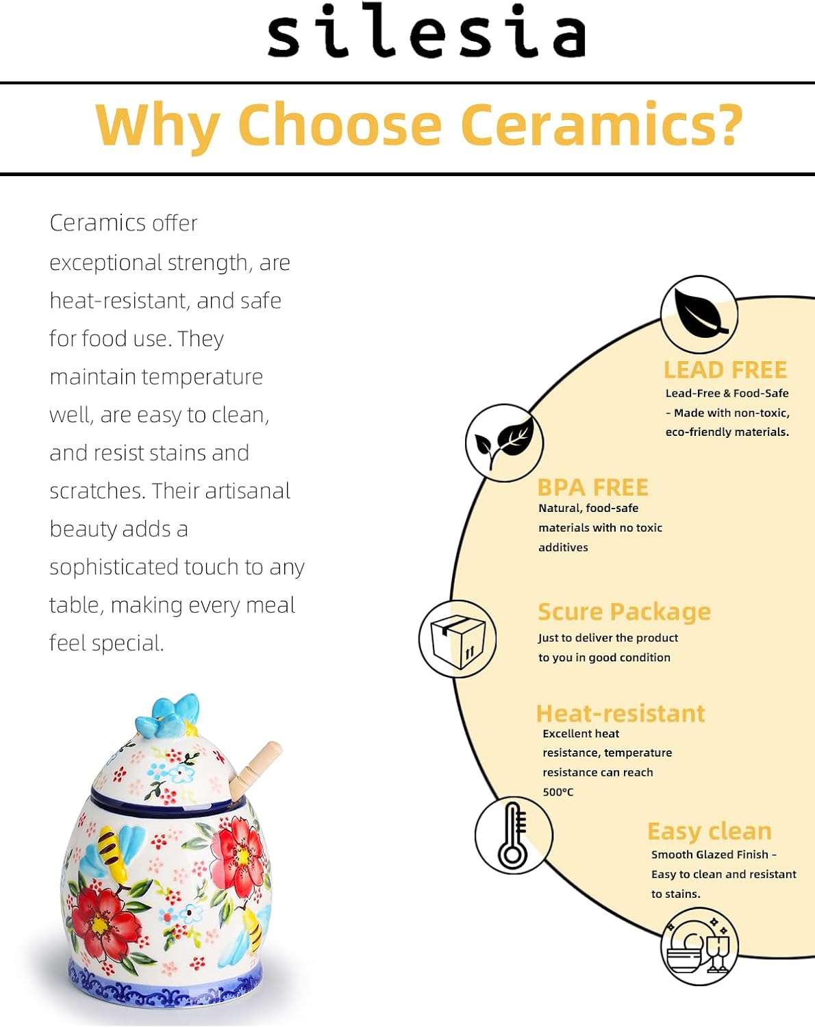 silesia Handmade Honey Jar with Lid, 10 Ounce Ceramic Hand-Painted Honey Containers with Wooden Dipper, Honey Pot Set for Home and Kitchen in Gift Box, Dishwasher Safe, Flowers Red