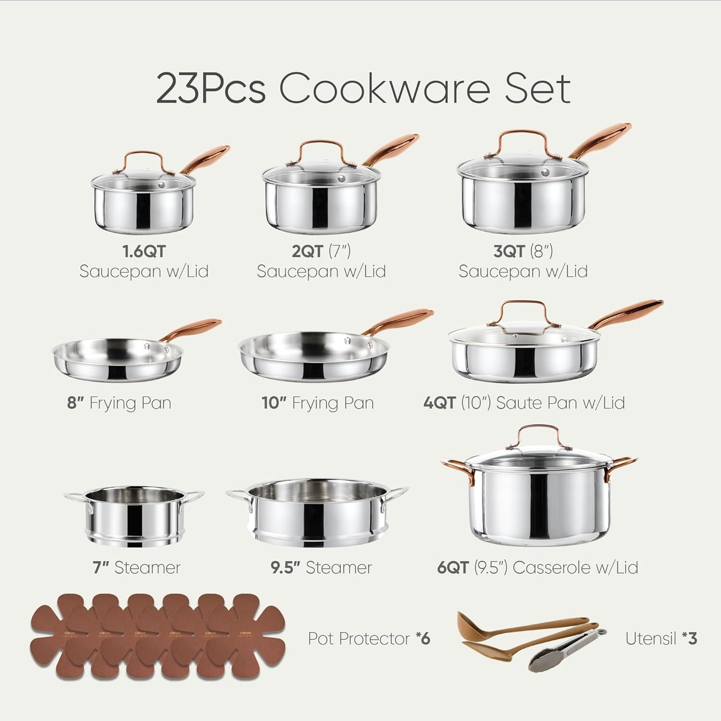 CAROTE 23pcs Tri-Ply Stainless Steel Cookware Set, Pots and Pans Set, Non Stick Induction Kitchen Cooking Sets, Nonstick Cookware Collection, Mirror Polish, Silver