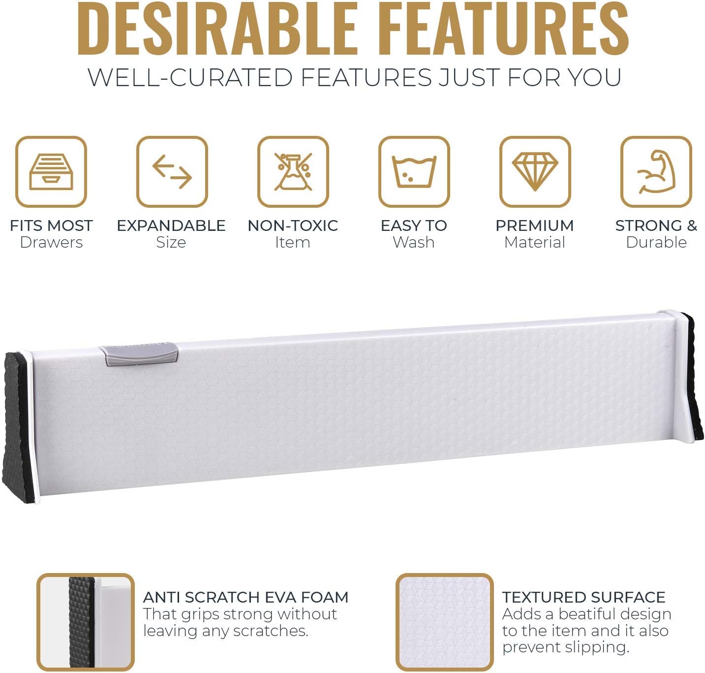 RAPTUROUS Adjustable Drawer Dividers, 2.5" Tall, Expandable 13-22", 8-Pack, Non-Slip for Dresser, Closet, Kitchen, Nursery, and Office (White)