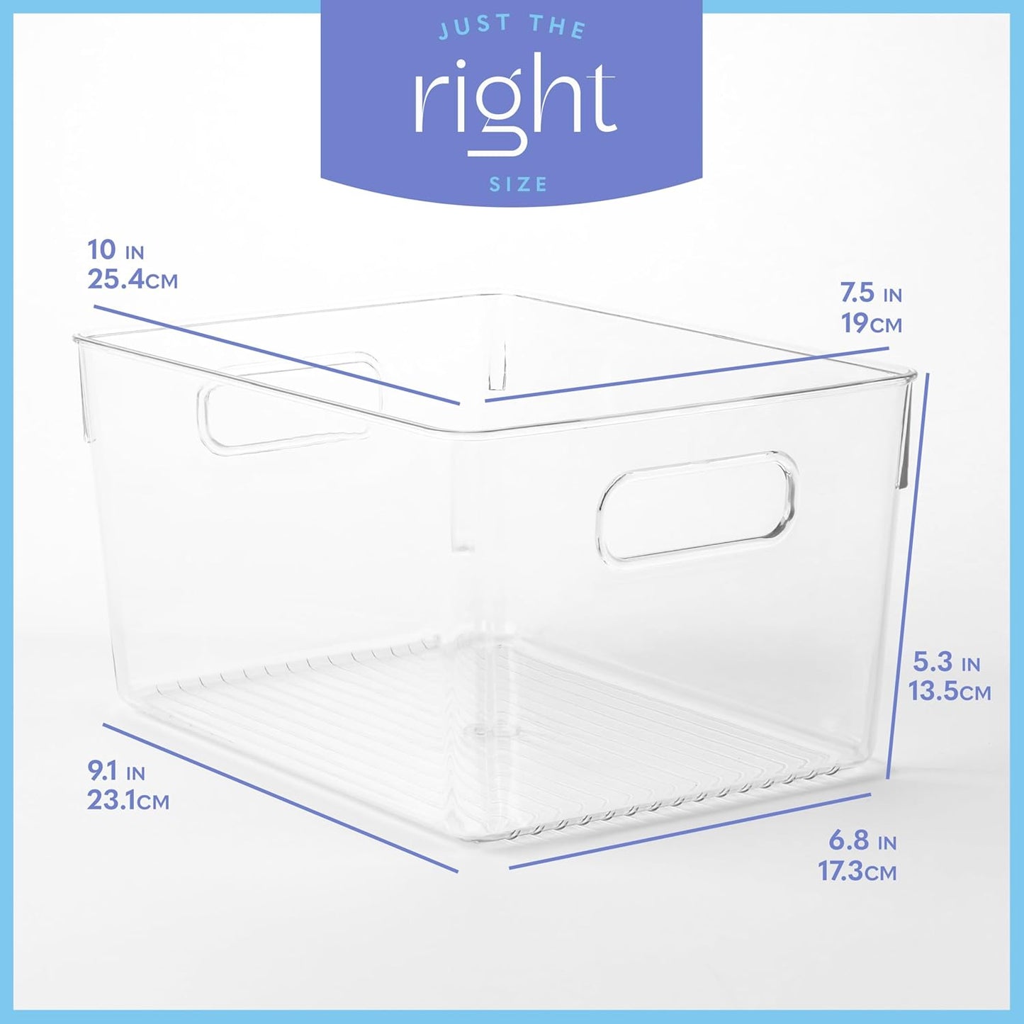 Plastic Food Storage 4 Pack Clear Container Bin with Handles for Organizing Kitchen, Pantry, Refrigerator, Freezer, Pantry, Cabinet, Closet, Bathroom. 10”x7.5”x5.3”