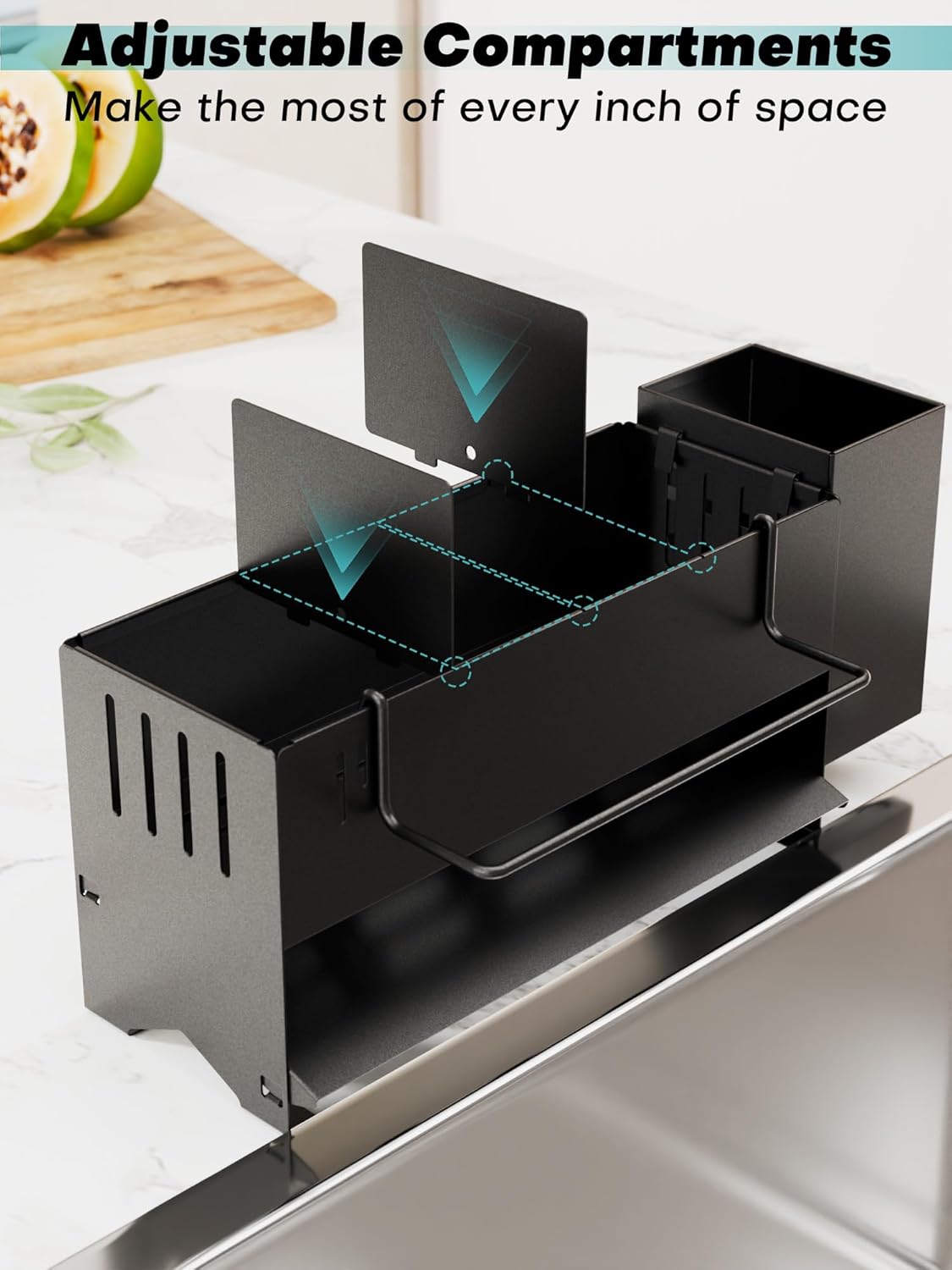 Sponge Holder for Kitchen Sink, Space-Saving Sink Caddy with Brush Holder, Kitchen Countertop Organizers and Storage Essentials, Rustproof & Slip Resistant