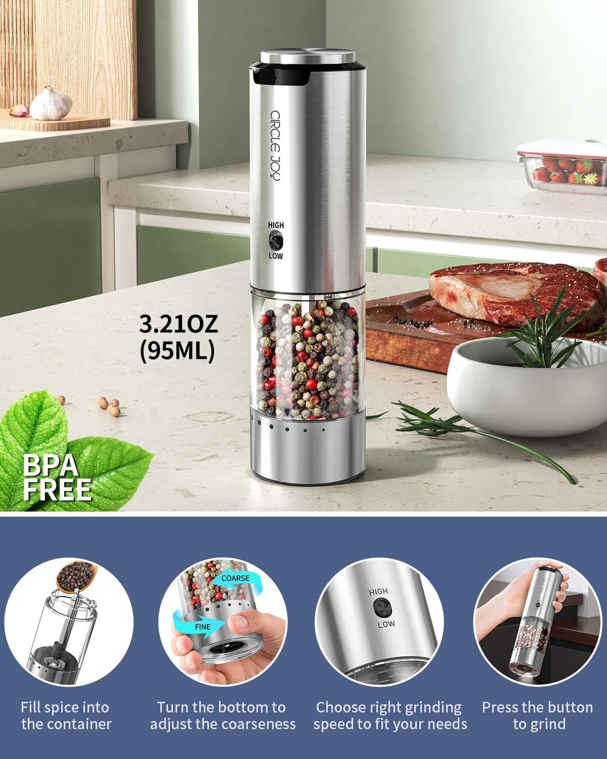 CIRCLE JOY Electric Pepper Grinder Stainless Steel Rechargeable Pepper Mill with Variable Grinding Speed, External Adjustable Coarseness, 95ml Container and White LED Light, Silver