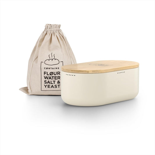 LARS NYSØM Bread Box I Metal Box with linen bag for long lasting freshness I Bread Bin with bamboo lid usable as cutting board I 14.2x7.5x5.1 In (Almond Beige)