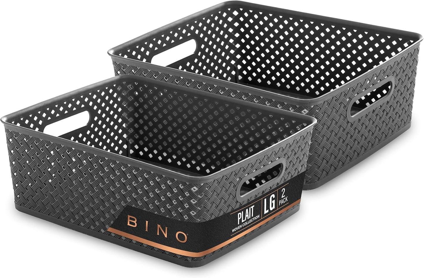 BINO | Plastic Storage Basket | Large - Grey | THE PLAIT COLLECTION | Multi-Use Storage | Durable, Drawer & Cabinet-Friendly | Storage Baskets for Organizing | Pantry, Bathroom & Closet Organizer