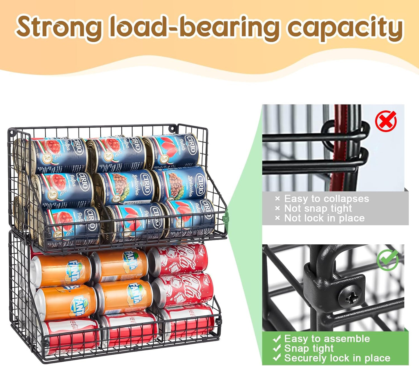 2 Pack Stackable Can Rack Organizer for Pantry Storage,Can Dispensers with 4 Adjustable Dividers, 2-Tier Metal Wire Basket Beverage Pop Soda Rack for Kitchen Cabinet Pantry, Black