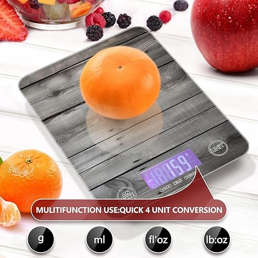 Digital Food Scale Rustic Wood Grey – Fashion Design, 11lb/0.01oz, Tempered Glass, Kitchen Scales with LCD Display for Baking & Cooking, Batteries Not Included