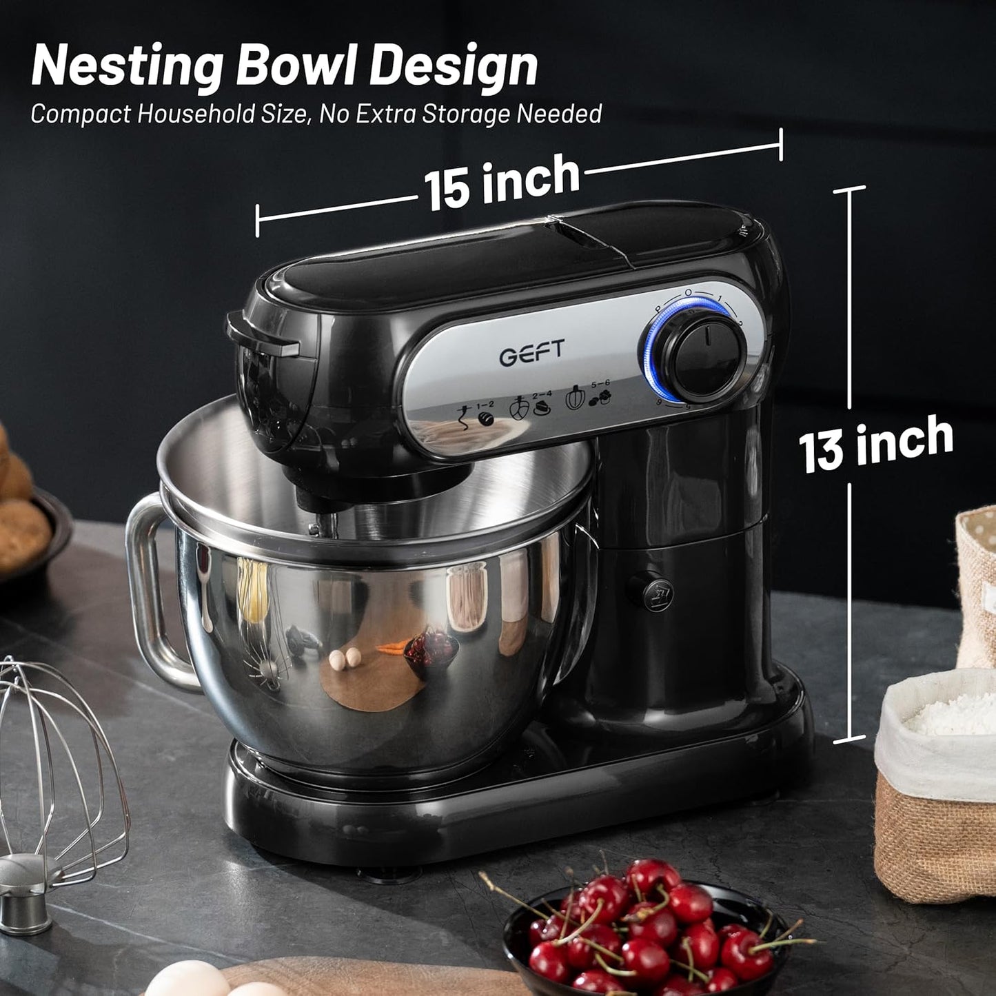Stand Mixer, 3.5QT+6QT Two Bowls Kitchen Electric Mixer, 600W 6+P speed Tilt-Head Food Mixer with Stainless Steel Bowl, Dishwasher-Safe Dough Hook, Flat Beater, Wire Whisk, Splash Guard, Black