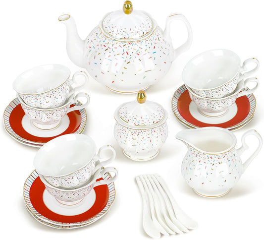 fanquare 21-Piece Red English Porcelain Tea Sets, 6 Cups and Saucers, Colorful Sprinkle Sugar Bone China Tea Set for Afternoon Tea Party, Birthday, Celebrations