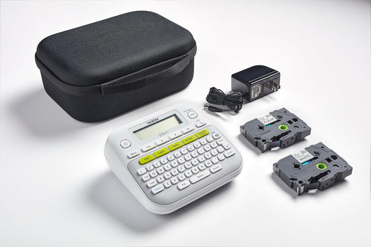 Brother PT-D210SV Label Maker Bonus Bundle Comes with a Protective Carrying case, an Adapter, and Two Sample Genuine TZe Label Tapes for Added Value.