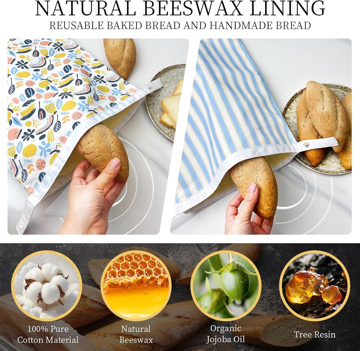 2 Pack Reusable Beeswax Bread Bags for Sourdough & Homemade Bread，bees wax bread bags for homemade bread sourdough ，Cotton Reusable Beeswax Bread Storage Bag, Keep Fresh and Portable